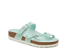 Women Mayari Sandal - Women's -Mint Green Metallic Summer Synthetic Flip Flops With Cork-bed Midsoles, Spring Synthetic Slides With Round Toe, Spring Sandals With Cork-bed Midsoles And Flat Heel, Casual Synthetic Sandals With Cork-bed Midsoles, Casual Sandals With Buckle Closure For Spring, Casual Spring Sandals With Buckle Closure, Casual Buckle Closure Sandals For Spring, Spring Synthetic Slippers, Summer Green Footbed Sandals With Leather Footbed