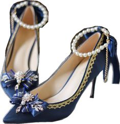 Blue Flat Heels For Party, Customized Shoes, Flower Heels, Red Platform, Lace Bows, Custom Shoes, Fabric Material, Blue White, Collage