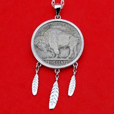 "Here is a gorgeous solid 925 Sterling Silver coin bezel mount settings, which will fit US 21.25mm diameter US Nickels such as Liberty \"V\"/Indian Head Buffalo Nickels and other 21mm ~ 21.3mm coins. The frame is well designed with a coin bezel and three feathers, 4-prongs, and 1.7\"(43mm)*0.9\"(23mm) overall dimension. I designed and made this pendant myself. This list is for a blank bezel ONLY. The coin and chain are NOT included. I hope you end up with one of these beautiful coin bezels. This Deer Antler Ring, Silver Necklace Set, Buffalo Nickel, Feather Necklace, Indian Head, Silver Eagles, Silver Signet Ring, Feather Necklaces, Coin Necklace