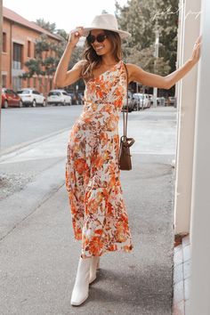 Floral maxi dress, orange floral dress, summer floral dress, fall dress outfit, fall dress outfit with boots, fall outfit ideas, fall outfits inspiration Spring Brunch Maxi Dress With Asymmetrical Neckline, Spring Floral Print Maxi Dress With Asymmetrical Neckline, Spring Maxi Dress With Floral Print And Asymmetrical Neckline, Spring Brunch One-shoulder Maxi Dress, One-shoulder Summer Maxi Dress For Brunch, Spring Vacation Maxi Dress With Asymmetrical Neckline, Spring One-shoulder Maxi Dress For Garden Party, One Shoulder Maxi Dress For Spring Garden Party, Floral Print One-shoulder Maxi Dress For Day Out