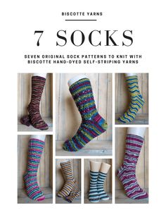 seven socks with different colors and patterns on them, all in one book title reads 7 socks seven original sock patterns to knit with bliss - hand - dyed self - knitting yarns