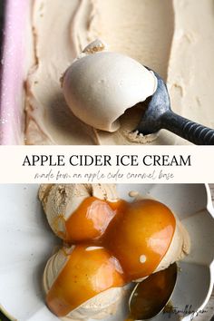 an ice cream dish with apples in it and the words apple cider ice cream