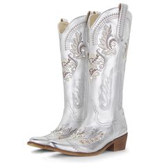 PRICES MAY VARY. 【Classic Style】These Cowboy Boots For Women feature classic embroidery and sparkling rhinestones, along with an almond-shaped toe, giving them a timeless and elegant look. 【All-Day Comfort】The soft synthetic lining wicks away moisture, providing a comfortable and cushioned feel all day long. The flexible rubber outsole of the white cowboy boots women allows for comfortable movement. 【Convenient Design】With a heel height of 1.97 inches, these tall cowgirl boots offer a convenient Silver Boots With Rhinestone Rivets And Round Toe, Silver Round Toe Boots With Rhinestone Rivets, White Cowboy Boots Women, Cowgirl Boots For Women, Embroidered Cowgirl Boots, Tall Cowgirl Boots, Classic Embroidery, White Cowboy Boots, Rhinestone Fashion