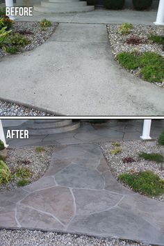 before and after photos of a stone walkway