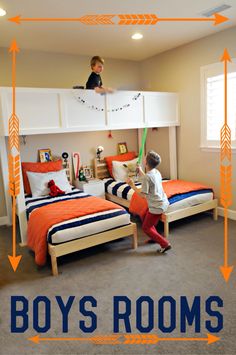 two children are playing in their bedroom with bunk beds on the same bed and one child is