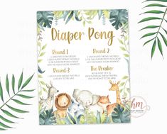 a baby shower sign with jungle animals and leaves