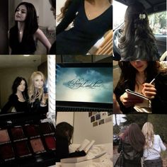 a collage of photos with women in the background and one holding a cell phone