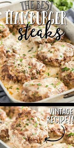 the best hamburger steaks recipe is shown in two different pans, one with meatballs and another with cheese