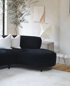 a living room with a black couch and white rug on the floor next to a tree