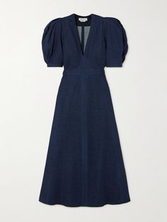 There's a casual elegance to Gabriela Hearst's signature 'Luz' midi dress. Updated this season in dark-blue denim, it has a V-neckline framed by voluminous puffed sleeves and a classic A-line silhouette. Use the ties at the back to define your waist. Dark Blue Dress, Denim Midi Dress, Gabriela Hearst, Model Outfits, Exclusive Dress, Fairy Dress, Puffed Sleeves, Blue Midi Dress, Casual Elegance