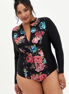 This bold floral one-piece has long sleeves for ultimate coverage and a zipper front for easy wear. Crew neck. Long Sleeves. Wire free; lightly lined. Lined with mesh. Zip front closure. 50+ UPF protection. CONTENT + CARE: Nylon/spandex. Wash cold; dry flat. Imported plus size active swimwear. SIZE + FIT: Please refer to the Size Fit & Guide chart for the perfect fit. The best plus size women's floral zip front swim rashguard one piece one-piece bathing suits in multi made of nylon/spandex. Active Swimwear, Rashguard Swimsuit, Long Sleeve Rashguard, Swimming Activities, Floral One Piece, Plus Size Beauty, Plus Size Models, Rash Guard, Easy Wear