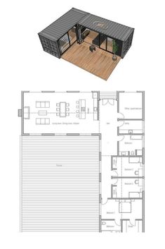 the floor plan for a shipping container home with two living areas and an office area