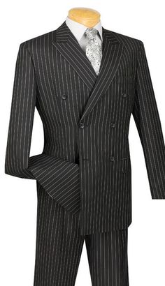 Luxurious Wool Fell Vinci men suit Double breasted style 6X2 buttons Side vents, pleated pants  Gangster stripes look Dry clean only Imported 1940s Mens Fashion, Black Pinstripe Suit, Suits Show, Sharkskin Suit, Zoot Suit, Black Tie Suit, Seersucker Suit, Slim Fit Suits, Ranveer Singh