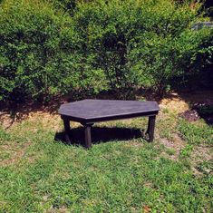 a black table sitting in the middle of a grass covered field with bushes behind it