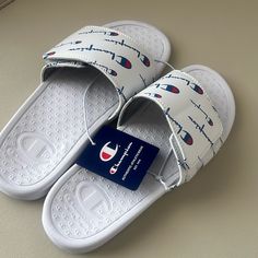 Nwt (Champion) Champion Slide Authentic Athleticwear Slipper Size 7-9 Please Check Pictures Champion Slides, Champion Shoes, Slide Slippers, White Blue, Slides, Blue White, Color Blue, Slippers, Size 7