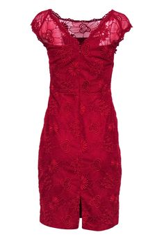 Go for some red hot floral lace with this classic sheath from Cynthia Steffe! Made with an overlay and cap sleeve, this is a timeless cocktail-ready frock to wear with patent leather pumps and your best red lipstick. Size 2 66% Polyester, 33% Cotton, 1% Elastane Sheath silhouette Boat neckline Cap sleeve Lace overlay Zippered back Waist 26" Bust 30" Total length 39" Spring Formal Bodycon Lace Dress, Red Fitted Knee-length Lace Dress, Red Knee-length Lace Dress For Formal Occasions, Red Fitted Lace Dress With Scalloped Edges, Red Fitted Lace Dress With Scalloped Lace, Red Fitted Lace Dress For Cocktail, Fitted Red Lace Dress Elegant Style, Fitted Red Lace Dress For Evening, Elegant Red Fitted Lace Dress