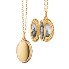 Four Image “Luxe” 18K Gold Locket Necklace Yellow Gold Oval Locket Jewelry, Luxury Yellow Gold Locket Necklace, Luxury Yellow Gold Oval Locket Necklace, Luxury Gold-tone Necklace With Locket, Luxury Gold-tone Locket Necklace, Gold Locket Necklace, Mangalsutra Designs, Oval Locket, Gold Locket