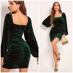 New Luxe Ruched Velvet Fitted Dress Deep Green * Long Lantern Sleeve, Elastic Cuff * Figure Flattering Side & Rear Ruching * Square Princess Neckline * Short Bodycon Skirt * Back Zip * Soft Stretch Pullover *Approximate Unstretched Measurements* Small (4) * Bust 29.25"(Up To 35.25") * Waist 24.75"(Up To 27.5") * Hip 32.25"(Up To 37.25") * Length 34.25" Medium (6) * Bust 30.75"(Up To 37") * Waist 26.25(Up To 29") " * Hip 33.75"(Up To 39") * Length 35" Large (8/10) * Bust 33.25"(Up To 39.25") * Wa Green Velvet Dress Short With Shoes, Red Velvet Dress Short Windsor, Winter Casual Dress, Southern Cowboy, Bishop Sleeve Dress, Red Plaid Dress, Long Sleeve Velvet Dress, Hacks Clothes, Dresses Casual Winter