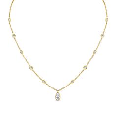 Experience sophistication with our Certified 18k Station Necklace adorned by a stunning Pear Shape Diamond Pendant. Crafted in luxurious 18k gold, this pendant features a captivating pear-shaped diamond certified for its brilliance and quality. The timeless design of this necklace exudes elegance and grace, perfect for any occasion. Pear Shaped Diamond Pendant Necklace, Luxury Gold Teardrop Pendant Necklace, Luxury Pear Shaped Necklace With Halo Setting, Luxury Classic Marquise Cut Necklace, Luxury Timeless Solitaire Teardrop Necklace, Exquisite Pear-shaped Diamond Necklace, Luxury Pear Shaped Diamond Necklace For Anniversary, Luxury Briolette Drop Necklace, Luxury Solitaire Necklace With Pear-shaped Diamond Accents