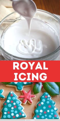 royal icing is being poured into a glass bowl with decorated cookies in the background