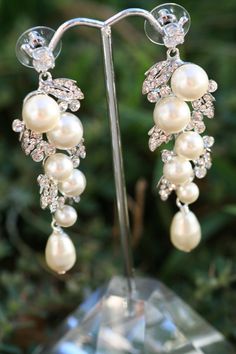 a pair of earrings with pearls and crystals on top of a crystal stand in front of some plants