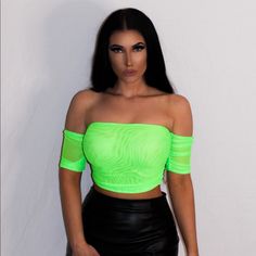 Neon Pink Crop Top Mesh Material Strapless Off Shoulder Quarter Sleeves 95% Nylon 5% Spandex Model Is Wearing A Size Small Neon Party Outfit For Women, Cropped Neon, Cowboy Fit, Neon Pink Crop Top, Neon Cowboy, Neon Green Top, Fishnet Shirt, Cold Shoulder Crop Top, Black Crop Tee