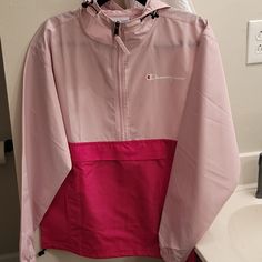 Questions? Leave A Comment Below! Functional Pink Spring Windbreaker, Casual Pink Color Block Windbreaker, Functional Pink Windbreaker For Fall, Blue Champion Hoodie, Fire Hoodie, Champion Sweats, Champion Jacket, Half Zip Jacket, Purple Jacket