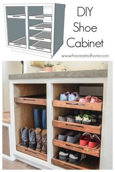 the diy shoe cabinet is organized and ready to be used