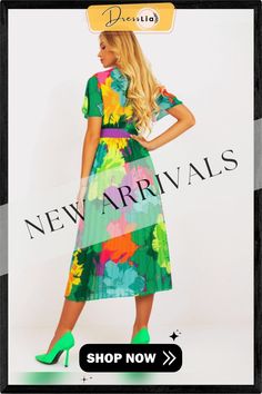 V-neck High Waist Pleated Print Medium and Long Dress Women's Dress with Belt Vacation V-neck Pleated Midi Dress, Summer Multicolor Midi Dress With Surplice Neckline, Pleated V-neck Midi Dress For Vacation, V-neck Pleated Midi Dress For Vacation, Green Surplice Neckline Midi Dress For Summer, Summer Short Sleeve Pleated V-neck Dress, Summer Pleated V-neck Short Sleeve Dress, Green Floral Print Midi V-neck Dress, Green Floral Print Maxi V-neck Dress