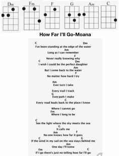 guitar chords with the words how far i'll go - moana on them