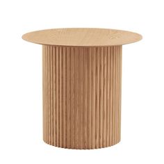 a round wooden table with pleated design on the top and bottom, standing in front of a white background