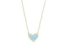 Kendra Scott Ari Heart Short Pendant Necklace - Necklace : Light Blue Magnesite : Manifest love in the Kendra Scott Ari Heart Short Pendant Necklace. Subtle necklaces features stone centers with etched edges. 14K gold, 14K rose gold, rhodium - all plated over brass. Lobster claw closure with extender. Imported. Measurements: Chain Circumference: 14 in Adjuster Length: 2 1 2 in Pendant Height: 1 2 in Pendant Width: 9 16 in Weight: 0.01 oz Blue Jewlery, Preppy Necklaces, Light Blue Necklace, Short Pendant Necklace, Manifest Love, Preppy Jewelry, Kendra Scott Necklace, Ribbon Necklace, Necklace Necklace