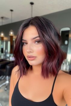 Long Bob Red Balayage, Burgundy Hair Lowlights, Straight Short Hair Color Ideas, Brown Hair Burgundy Balayage, Black To Maroon Ombre Hair, Dark Red Balayage Short Hair, Black To Color Hair, Mom Hair Color Ideas Dark, Red Hair Dark Roots Short