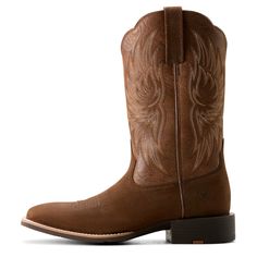 You can't go wrong with this classic boot. The Sport Rider has the comfort and durability you need in the arena—but looks equally as good at a concert or tailgate. With a wide square toe and traditional stitch pattern, this pair is as versatile as they come. Sport Rider Cowboy Boot | Product Features : 0 : ATS® technology provides ergonomic support on uneven terrain, 1 : Removable All Day Cushioning insole, 2 : Duratread™ sole provides maximum wear resistance, 3 : Five-row stitch pattern, 4 : Ar Rugged Outdoor Boots With Reinforced Stitching, Rugged Leather Boots For Rodeo, Classic Brown Snip Toe Waterproof Boots, Rustic Steel Toe Boots With Snip Toe, Western Boots With Reinforced Heel And Moc Toe, Western Moc Toe Boots With Reinforced Heel, Rugged Boots With Leather Footbed For Rodeo, Rugged Boots With Reinforced Toe For Rodeo, Classic Snip Toe Work Boots For Outdoor