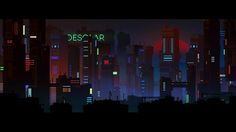 an animated cityscape with the word descar written in neon colors on it