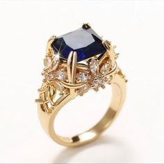 Gorgeous New Square Cut Sapphire Crystal Ring With Swarovski Elements Gold Plated On Silver Flowers On Either Side Bundle To Save Gold Sapphire Ring, Single Ring, Sparkle Wedding, Writing Gifts, Wedding Band Sets, Cubic Zirconia Rings, Blue Sapphire Rings, Design Silver, Types Of Rings