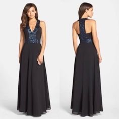 $260 Dress the Population Black Chiffon & Sequin Delani Gown S NEW D442 Black Chiffon, Chiffon Fabric, Sequin, Chiffon, Fabric, Black, Color