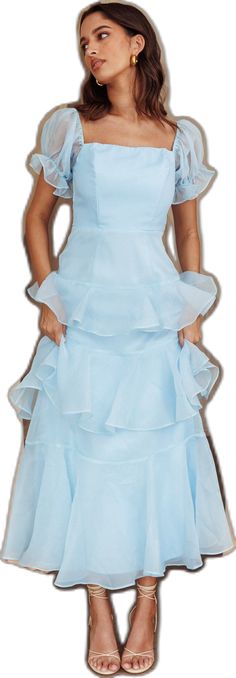 Fitted Organza Midi Dress With Ruffles, Elegant Blue Tiered Midi Dress, Wedding Midi Dress With Ruffles For Prom Season, Prom Midi Dress With Ruffles, Ruffled Midi Dress For Prom Season, Tiered Midi Dress With Ruffles For Wedding, Midi Length Organza Dresses With Ruffles, Blue Ruffled Tiered Midi Dress, Blue Ruffled Midi Dress For Wedding