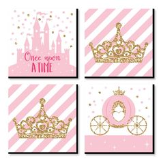 four pink and gold princess wall art prints with crowns on them, one in the middle