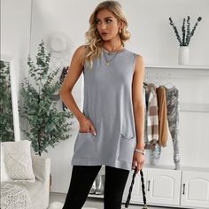 Cute, Comfy Long Sleeveless Tunic With Pockets! Cotton/Spandex Blend S/L/Xl Versatile Gray Sleeveless Tank Top, Versatile Gray Tank Top, Gray Solid Color, Long Tank Top, Loose Vest, Pocket Tunic, Long Tank Tops, Long Tank, Tunic Pattern