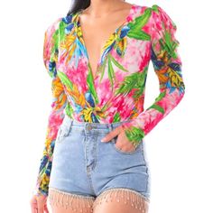 Floral Print Surplice Bodysuit - Floral & Hawaiian Print - Plunging & V-Neck Line - Surplice & Wrap - Fitted Bodysuit - Puff & Long Sleeves Pink V-neck Bodysuit For Spring, Multicolor Spring Vacation Bodysuit, Pink V-neck Spring Bodysuit, Pink Floral Print Bodysuit For Party, Floral Print Bodysuit For Spring Party, Spring Floral Print Bodysuit For Party, Party Pink Floral Print Bodysuit, Fitted V-neck Floral Print Bodysuit, Spring Green Printed Bodysuit