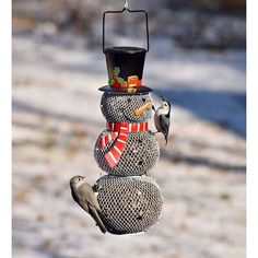 a bird feeder with three birds hanging from it's sides and one is wearing a top hat