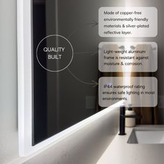 a bathroom mirror with the words quality built above it and an image of light coming through