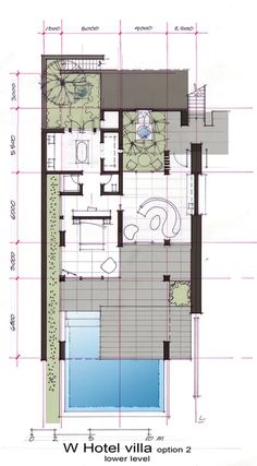 the floor plan for a house with an outdoor swimming pool