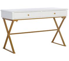 a white and gold desk with two drawers on each side, against a white background