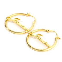 Our personalized hoops offer a new way to enjoy the look of this exquisite design. The design is clever and delicate. Whether you're looking for bridal earrings to perfectly match your rings, or just searching for the perfect gift, there are no more perfect earrings than the ones you'll design with our artists.Material: 925 SilverPlating Color: Silver, Yellow Gold, Rose Gold Elegant Custom Name Hoop Earrings, Classic Personalized 14k Gold Earrings, Elegant Round Jewelry For Personalized Gifts, Elegant Customizable Gold Plated Jewelry, Elegant Customizable Gold-plated Jewelry, Customizable Silver Hoop Earrings, Silver Hoop Earrings For Personalized Gift, Elegant Personalized Hoop Earrings, Elegant Small Hoop Earrings With Custom Name