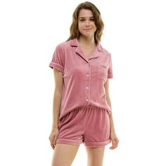 Cozy up in this plush two-piece loungewear set. The notched collar top adds a touch of sophistication while the short sleeve and button-down front offer comfort and style. Contrast piping and a handy chest pocket elevate the look. Pair with the matching shorts featuring a soft waistband and contrast trim for a complete relaxation ensemble. Perfect for lazy mornings, quiet evenings, or whenever you crave ultimate comfort. Size: M.  Color: Red.  Gender: female.  Age Group: adult. Cheap Cotton Sleepwear, Cheap Cotton Playwear T-shirt, Cheap Casual T-shirt For Bedtime, Pyjamas For Plus Size Women, Cheap Cotton Women's Sleepwear, Bra And Shorts Loungewear, Cheap Sleepwear With Built-in Bra, Cheap Casual Bedtime T-shirt, Pajama Sets Plus Size