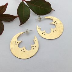 Bronze Hoop Pierced Earrings, Gold Crescent Hoop Earrings With Hammered Detail, Gold Hammered Crescent Hoop Earrings, Gold Small Hoop Plug Earrings In Brass, Unique Small Hoop Metal Earrings, Gold Round Hoop Earrings, Gold Hoop Earrings For Festival, Unique Gold Circular Earrings, Unique Gold Circle Earrings