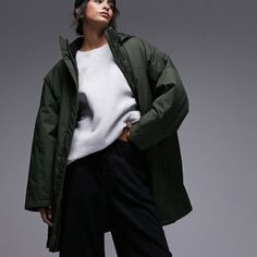 Very Oversized!! Fixed Hood High Collar Zip And Adhesive Fastening Relaxed Fit Nylon: Smooth, Crisp And Wrinkle-Resistant Main: 100% Nylon. Oversized Green Parka For Fall, Oversized Parka With Adjustable Hood For Cold Weather, Casual Winter Parka For Rainy Weather, Oversized Parka With Double-lined Hood For Cold Weather, Oversized Green Parka For Spring, Oversized Green Spring Parka, Trendy Winter Outerwear For Rainy Weather, Trendy Outerwear For Rainy Winter Weather, Trendy Winter Rainy Weather Outerwear