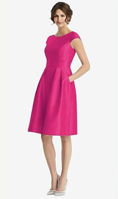 Cap Sleeve Pleated Cocktail Bridesmaid Dress With Pockets In Think Pink | The Dessy Group Satin A-line Dress With Box Pleat, Formal Cap Sleeve Dresses With Pleated Back, Fitted Satin Dress With Box Pleat, Fitted Satin Dress With Box Pleat Details, Elegant Dresses With Pleated Waist And Cap Sleeves, Formal A-line Dresses With Pockets, Silk A-line Dress With Box Pleat, Elegant Pink Cap Sleeve Dress, Fitted Satin Dress With Cap Sleeves